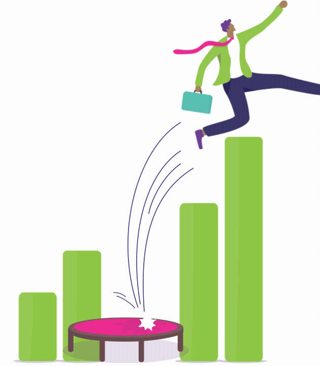 A learner bounces off a trampoline, rising along a growing bar chart.